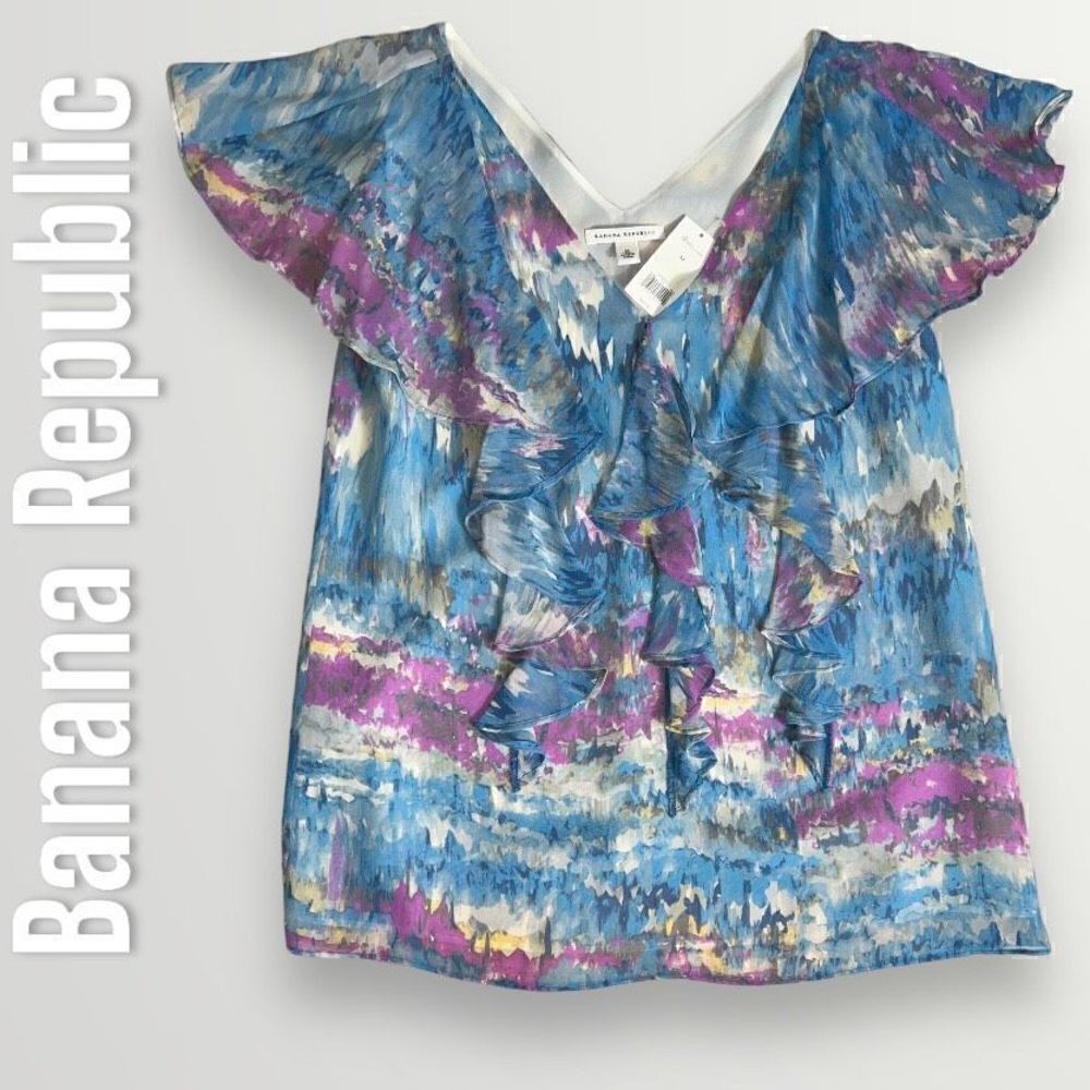 Banana Republic Multi-Color Silk Blouse, Flutter Sleeves & Ruffle Bib, Women’s M